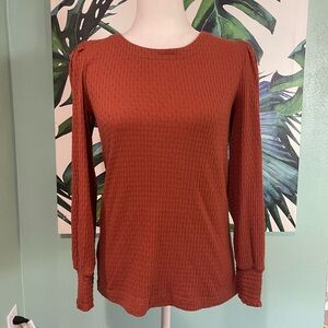 LOFT Rust Textured Long-Sleeve Crewneck Top